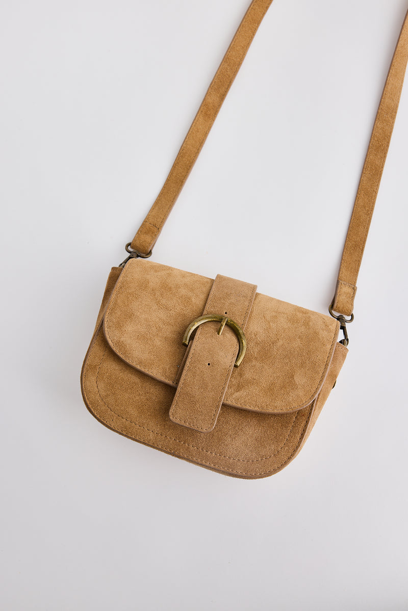 Caraway Bag Tan suede crossbody with antique gold hardware