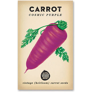 Seed packet for 'Carrot Cosmic Purple' with a vintage design on a beige background