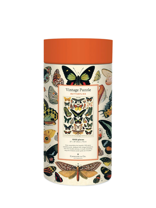 Vintage butterfly jigsaw puzzle by Cavallini in storage tube