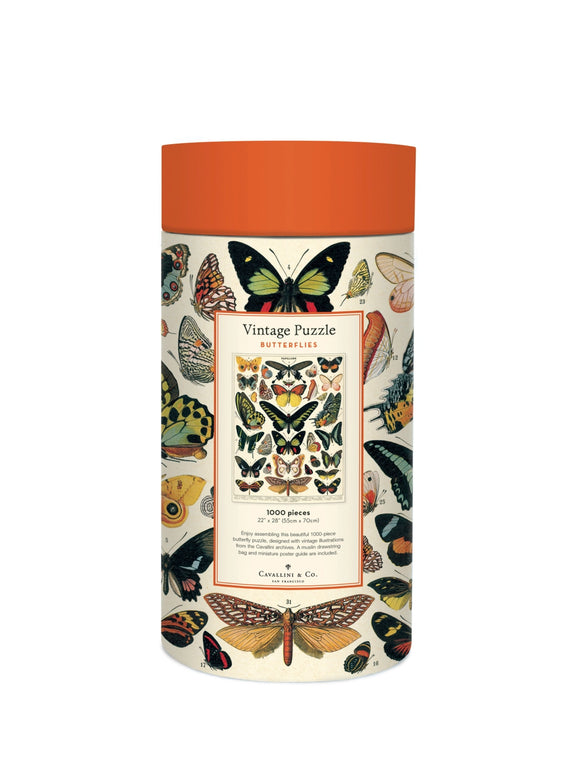 Vintage butterfly jigsaw puzzle by Cavallini in storage tube