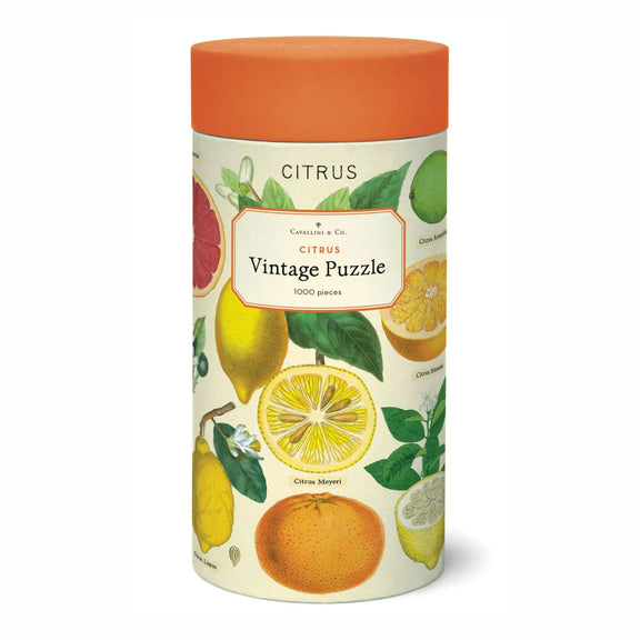 1000-piece botanical puzzle with lemons, oranges and vintage fruit illustrations.