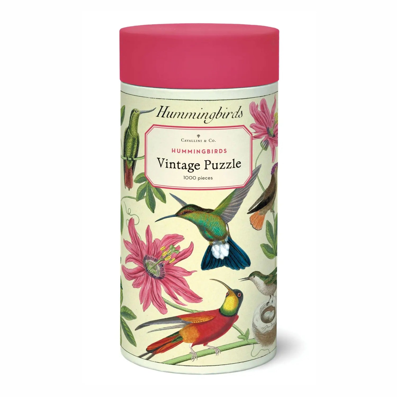Hummingbird 1000 Piece Puzzle by Cavallini & Co. featuring vintage hummingbird illustrations.