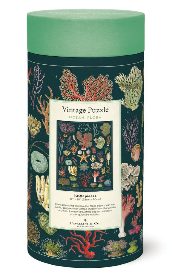 Cavallini Ocean Flora puzzle with muslin storage bag and reference poster.