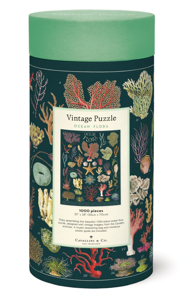Cavallini Ocean Flora puzzle with muslin storage bag and reference poster.