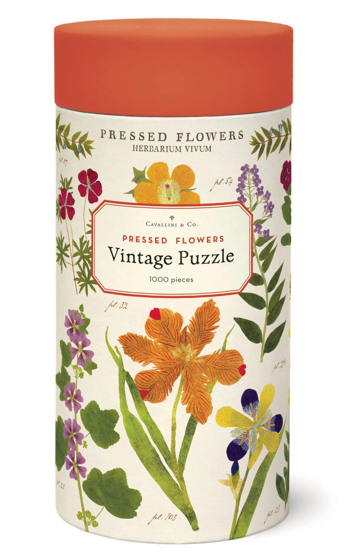Pressed Flowers 1000 Piece Puzzle by Cavallini & Co. featuring vintage botanical flower illustrations.