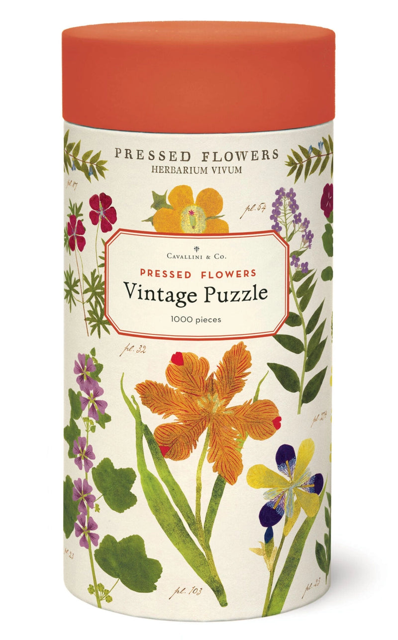 Pressed Flowers 1000 Piece Puzzle by Cavallini & Co. featuring vintage botanical flower illustrations.