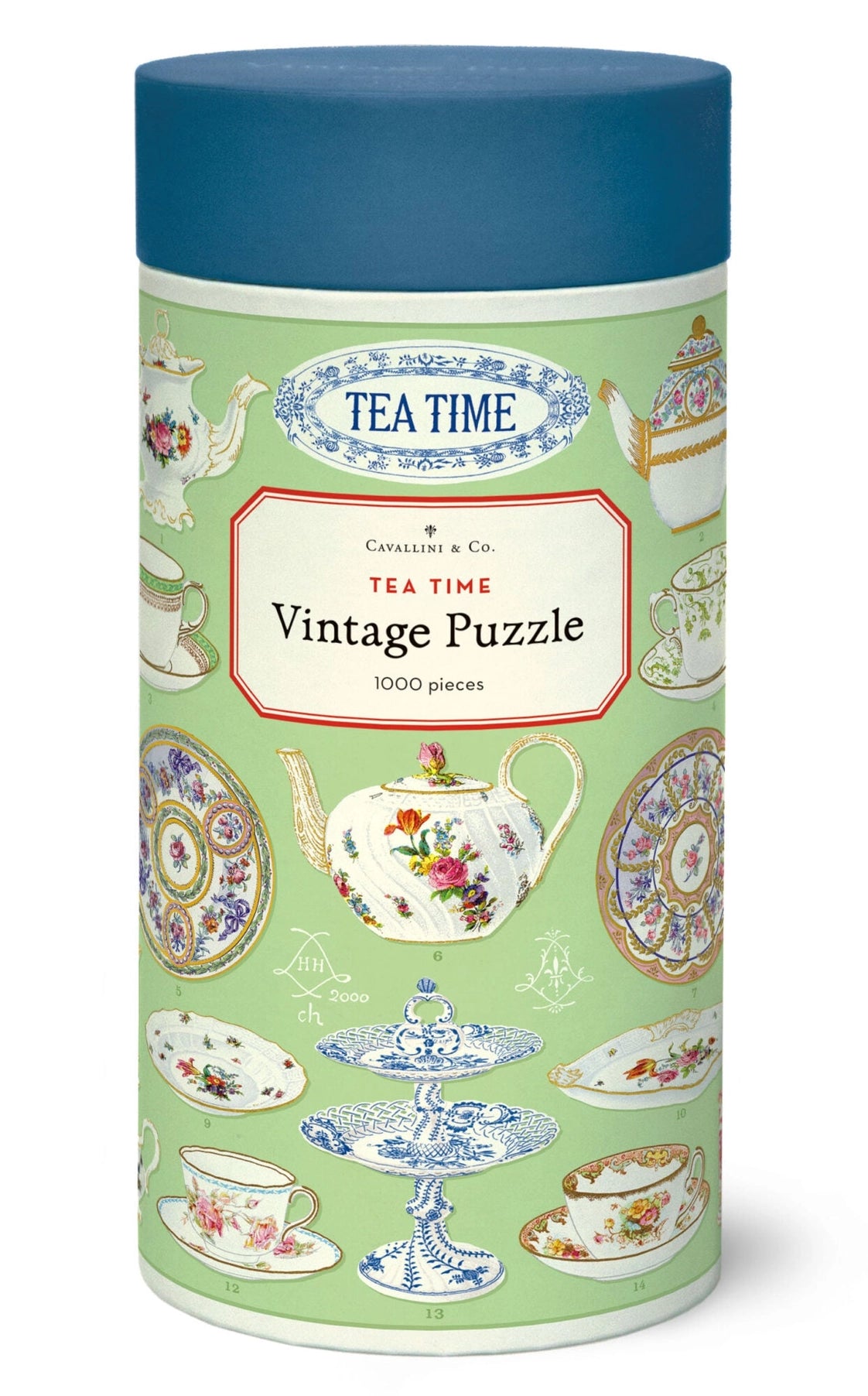 Tea Time 1000 Piece Puzzle by Cavallini & Co. featuring vintage teapots, teacups and fine china.