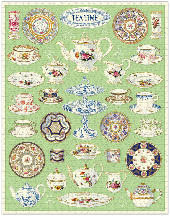 1000-piece vintage tea-themed puzzle with teapots, plates and high tea