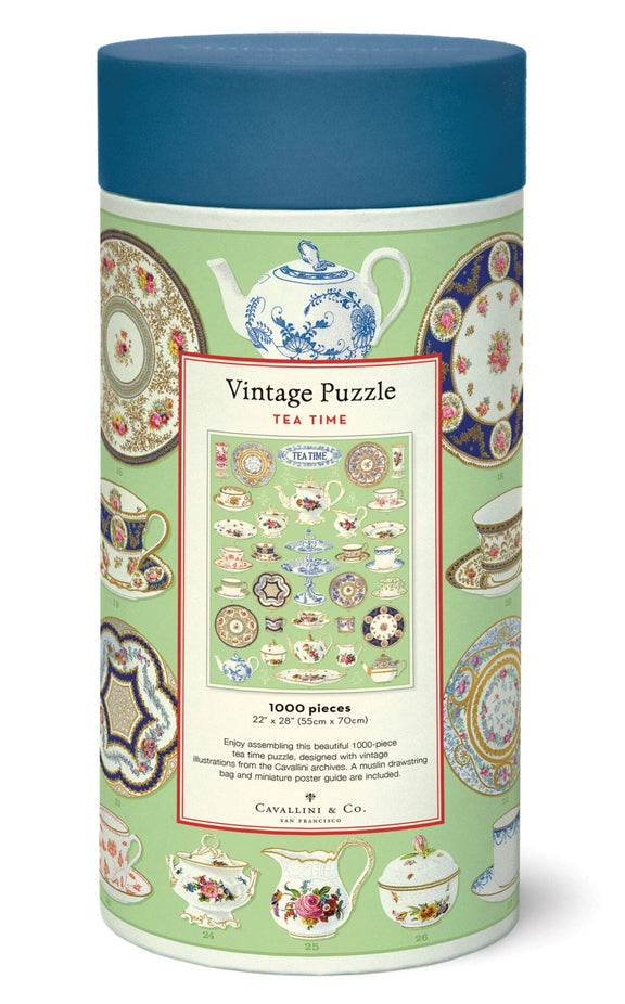 Cavallini & Co. Tea Time jigsaw puzzle in a signature storage tube.