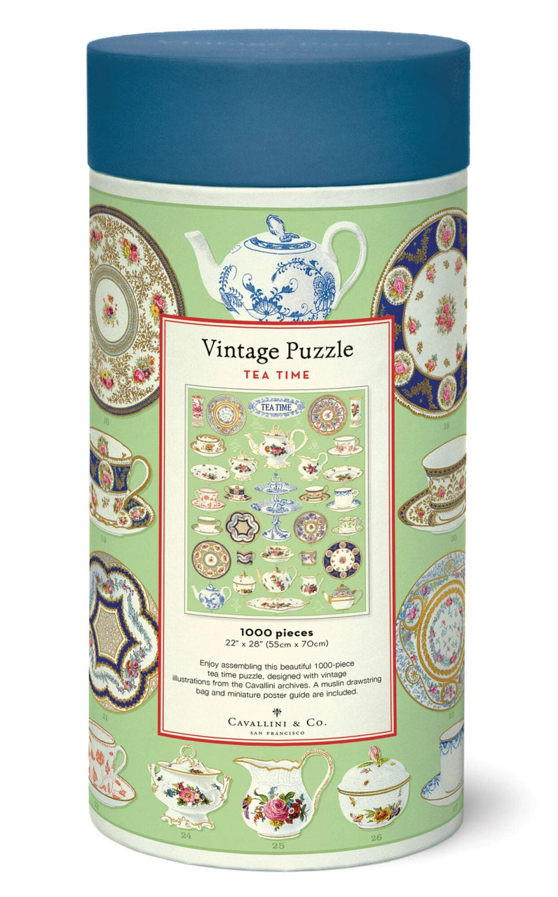 Cavallini & Co. Tea Time jigsaw puzzle in a signature storage tube.