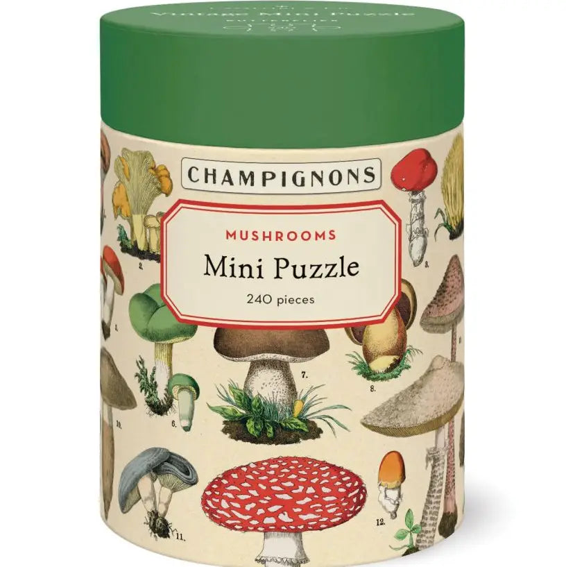 Mushrooms 240 Piece Mini Puzzle by Cavallini & Co. featuring vintage mushroom illustrations.