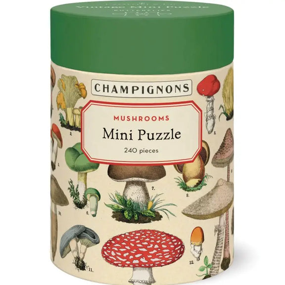 Mushrooms 240 Piece Mini Puzzle by Cavallini & Co. featuring vintage mushroom illustrations.