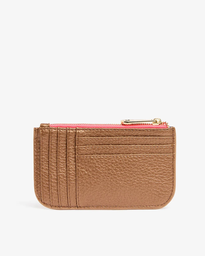 Compact Copper women's wallet with navy and white gingham lining.