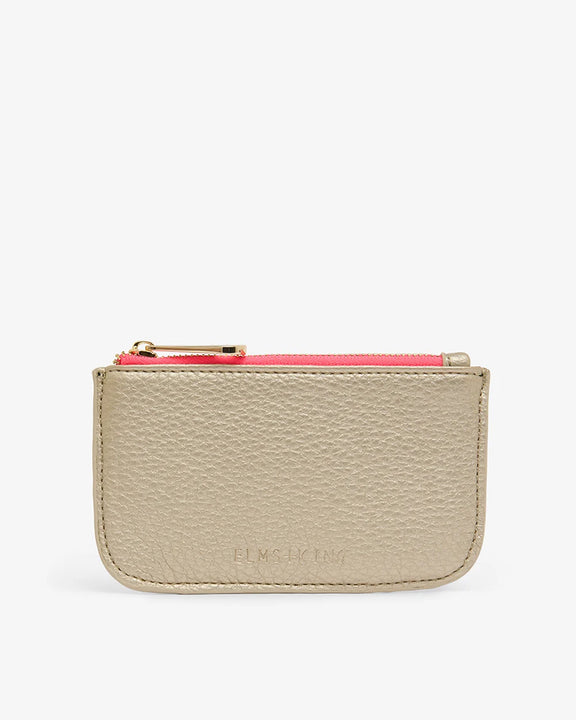 Compact Gold wallet with light gold-plated hardware and gingham lining.