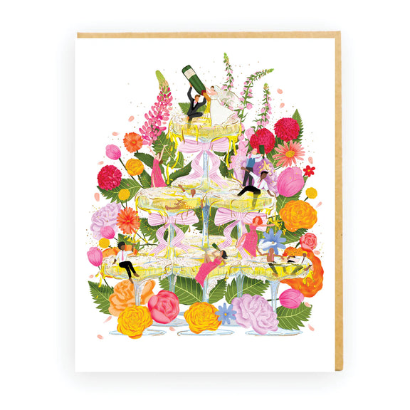Colourful wedding card feauring florals, bows and a bride and groom celebrating with a champagne tower