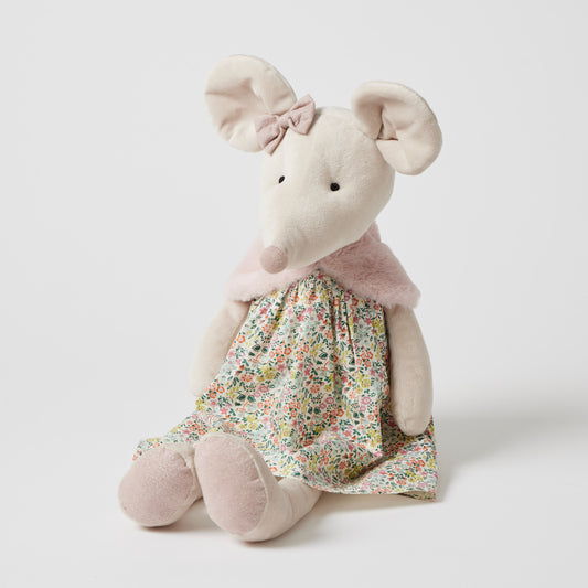 Stuffed mouse toy with a floral dress on a white background