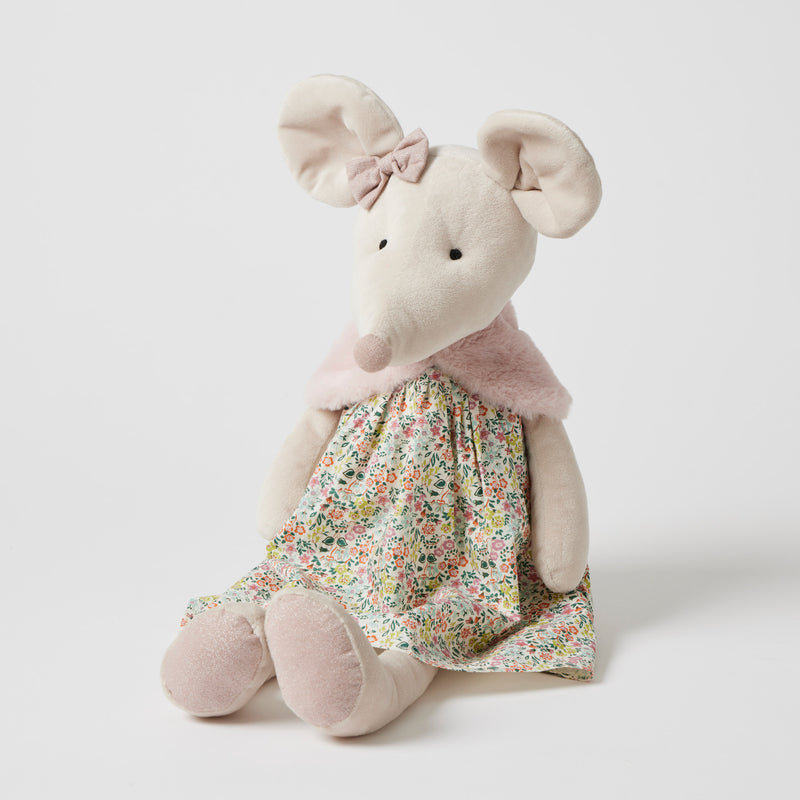 Stuffed mouse toy with a floral dress on a white background
