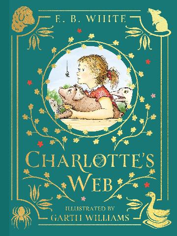 Book cover of 'Charlotte's Web' with a green background and illustrations of a girl, pig, and spider.