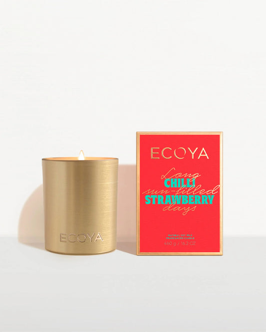 Ecoya Chilli Strawberry Goldie Candle in brushed gold vessel – Holiday Collection Christmas edition