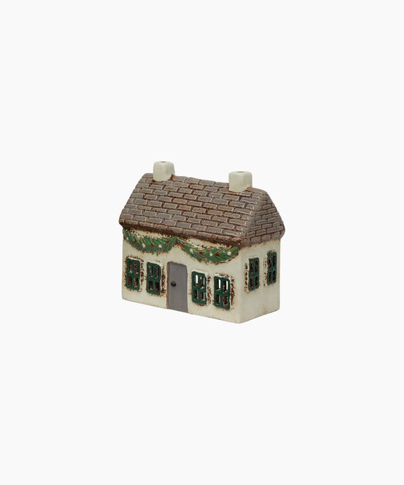Hand-painted ceramic Christmas tea light cottage with swag décor