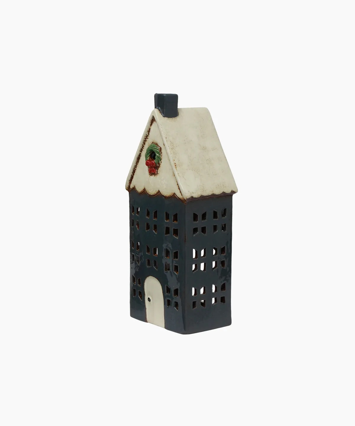 Large blue ceramic Christmas tealight house with festive wreath