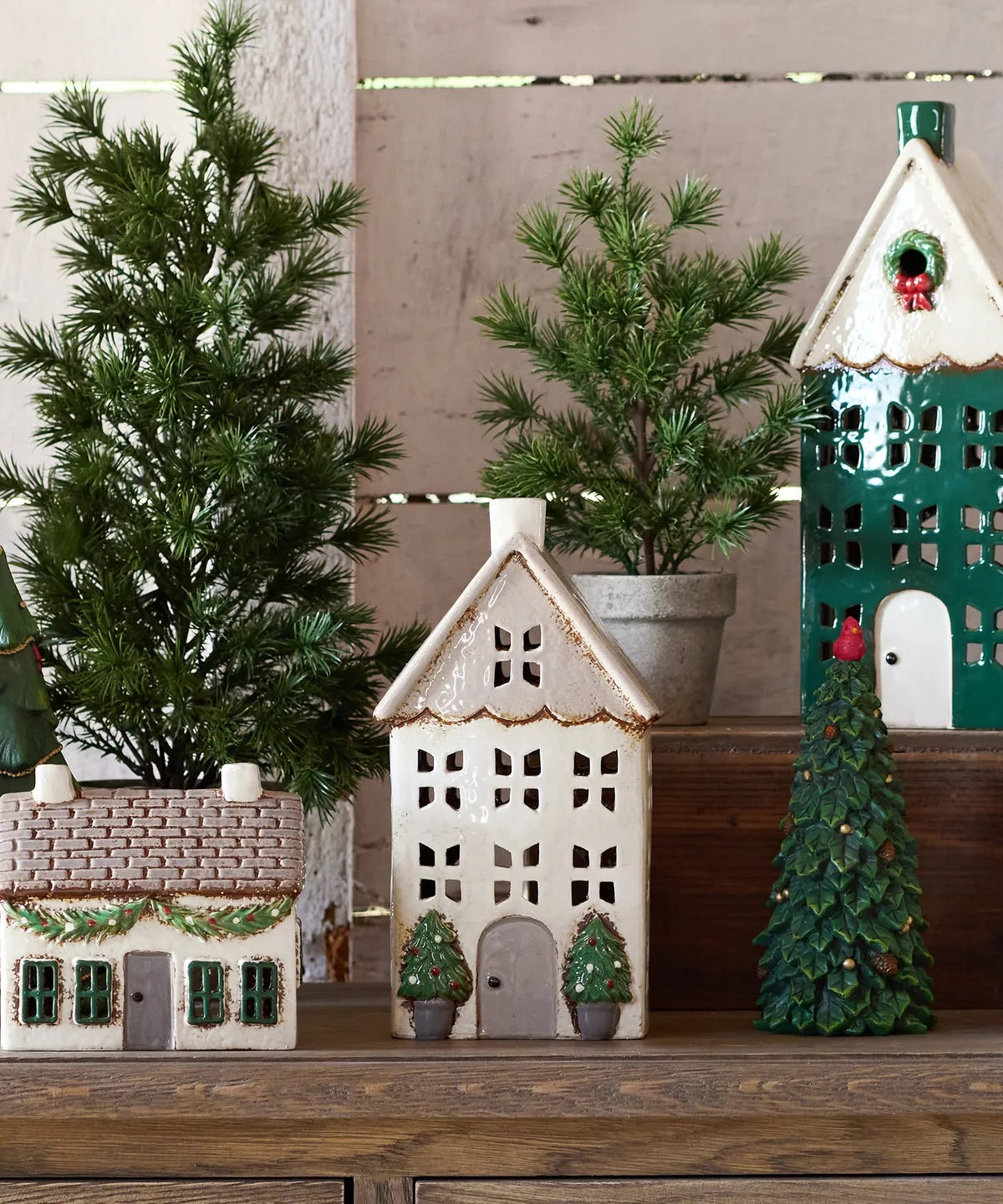 Stone Christmas tealight house styled in festive holiday décor