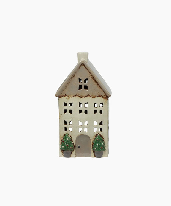 Medium stone ceramic Christmas tealight house with pots