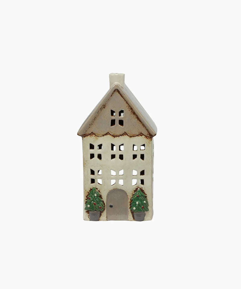 Medium stone ceramic Christmas tealight house with pots