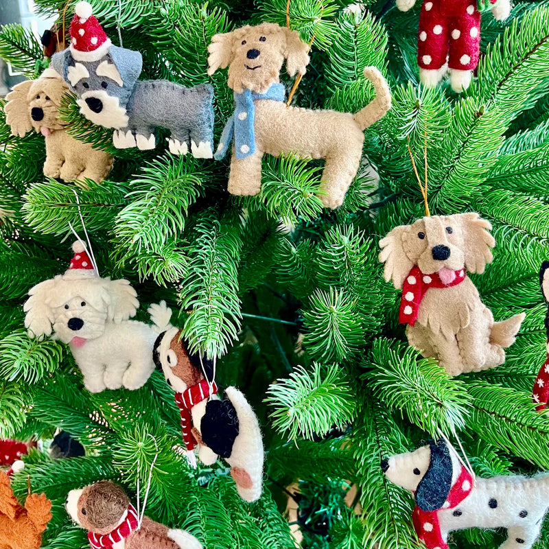 Felt Golden Retriever hanging decoration for Christmas tree with other dogs