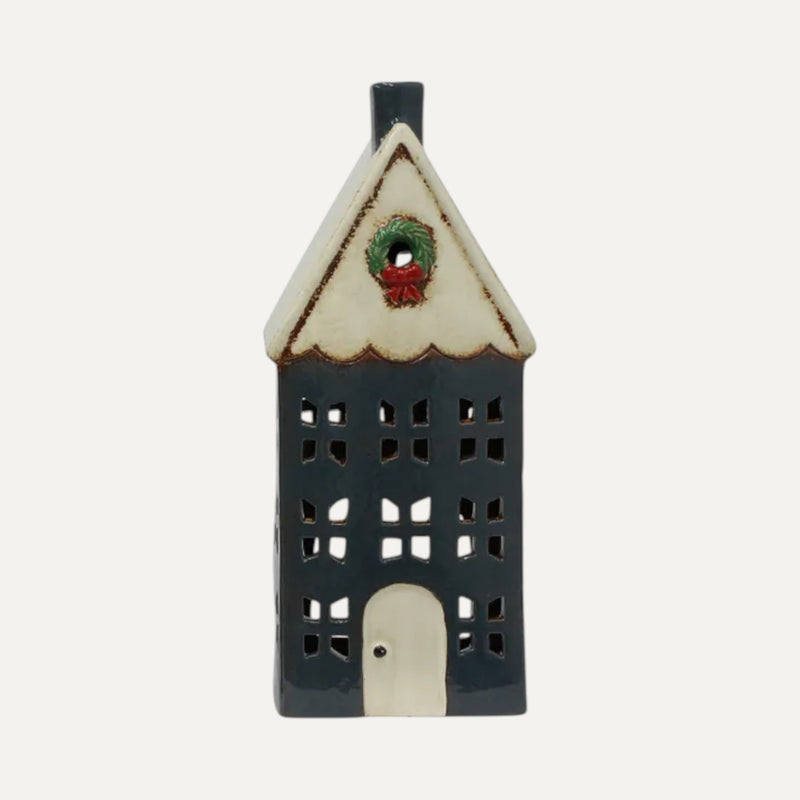 Christmas tealight house - blue, large with wreath