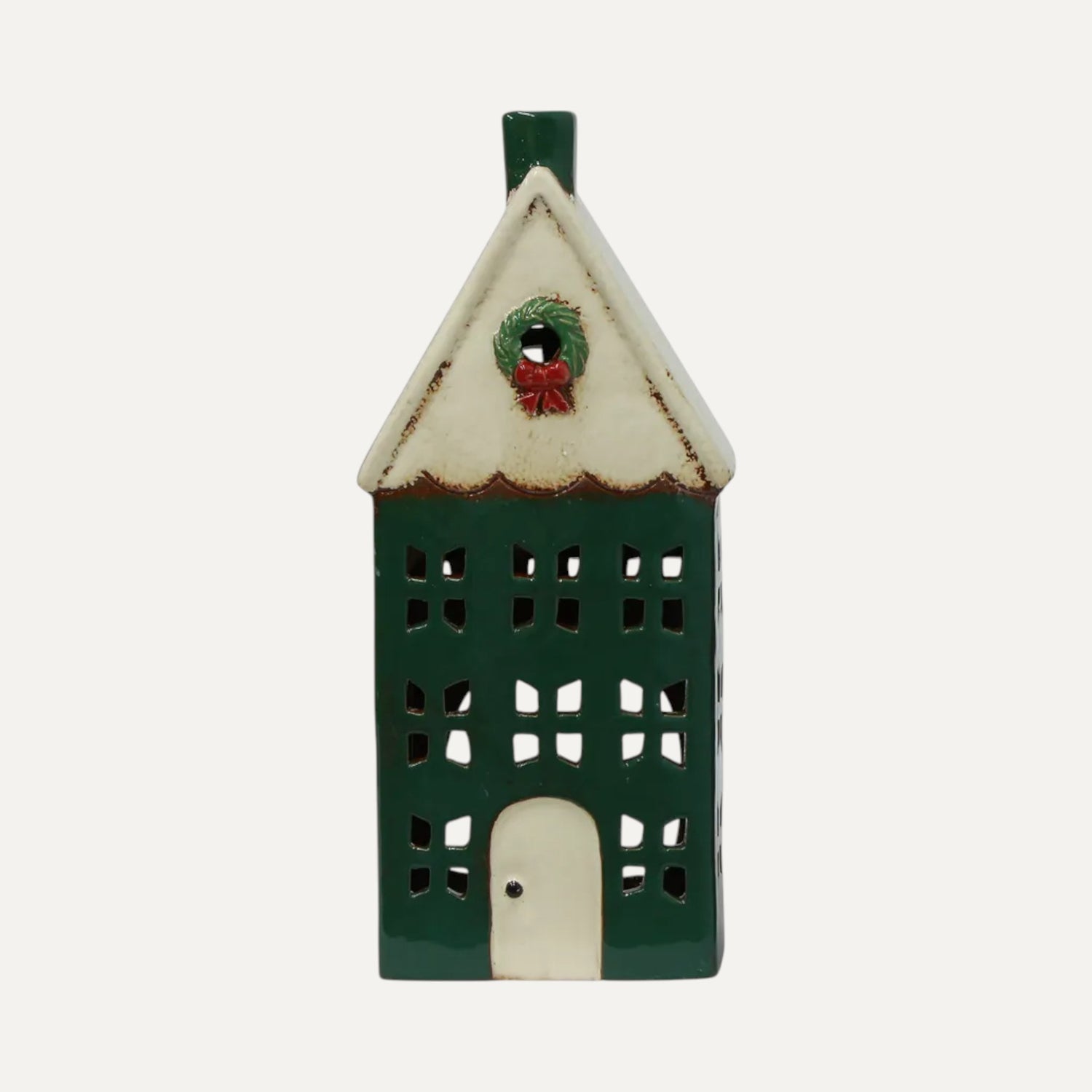 Large green ceramic Christmas tea light house with festive wreath