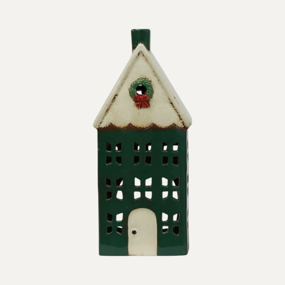 Large green ceramic Christmas tea light house with festive wreath