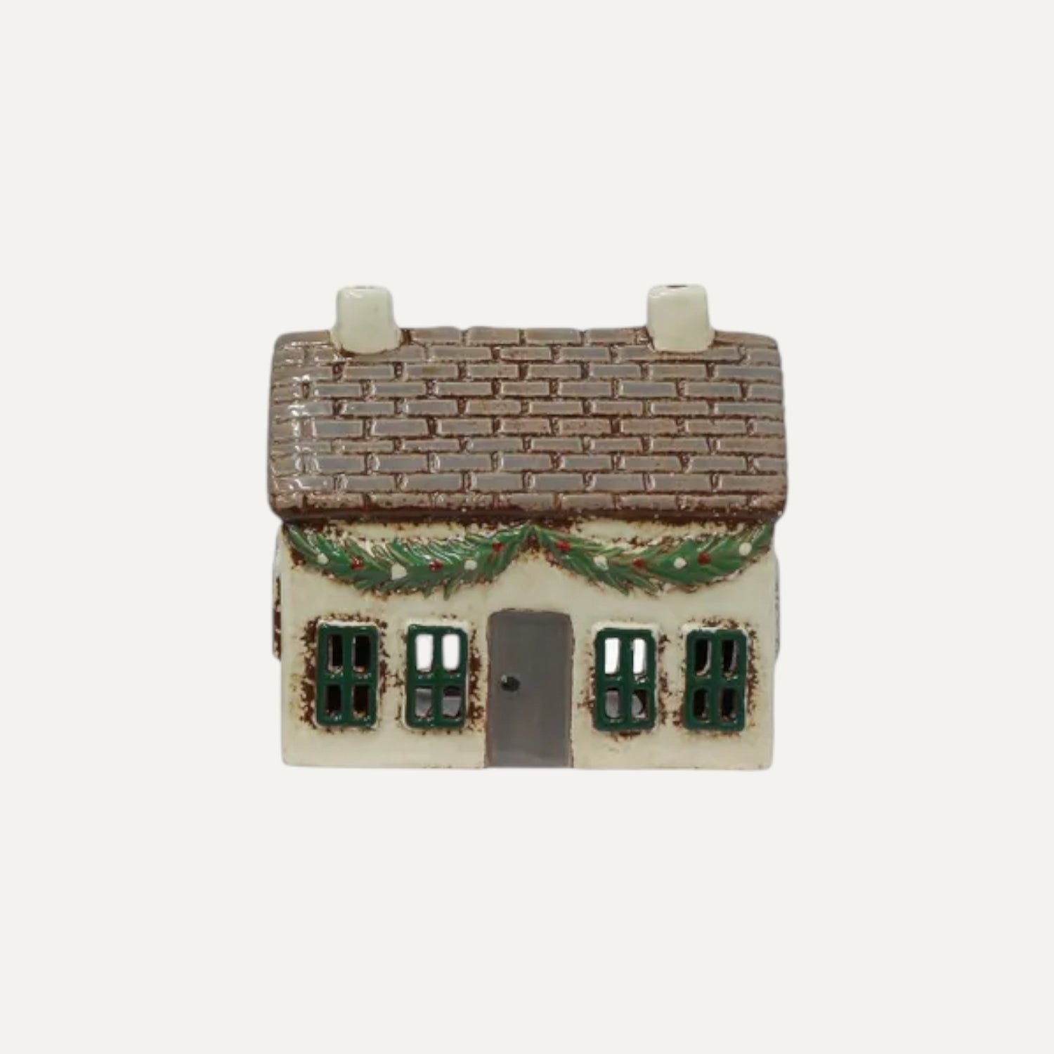 Hand-painted ceramic Christmas tea light cottage with swag christmas decor
