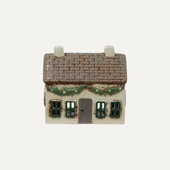Hand-painted ceramic Christmas tea light cottage with swag christmas decor
