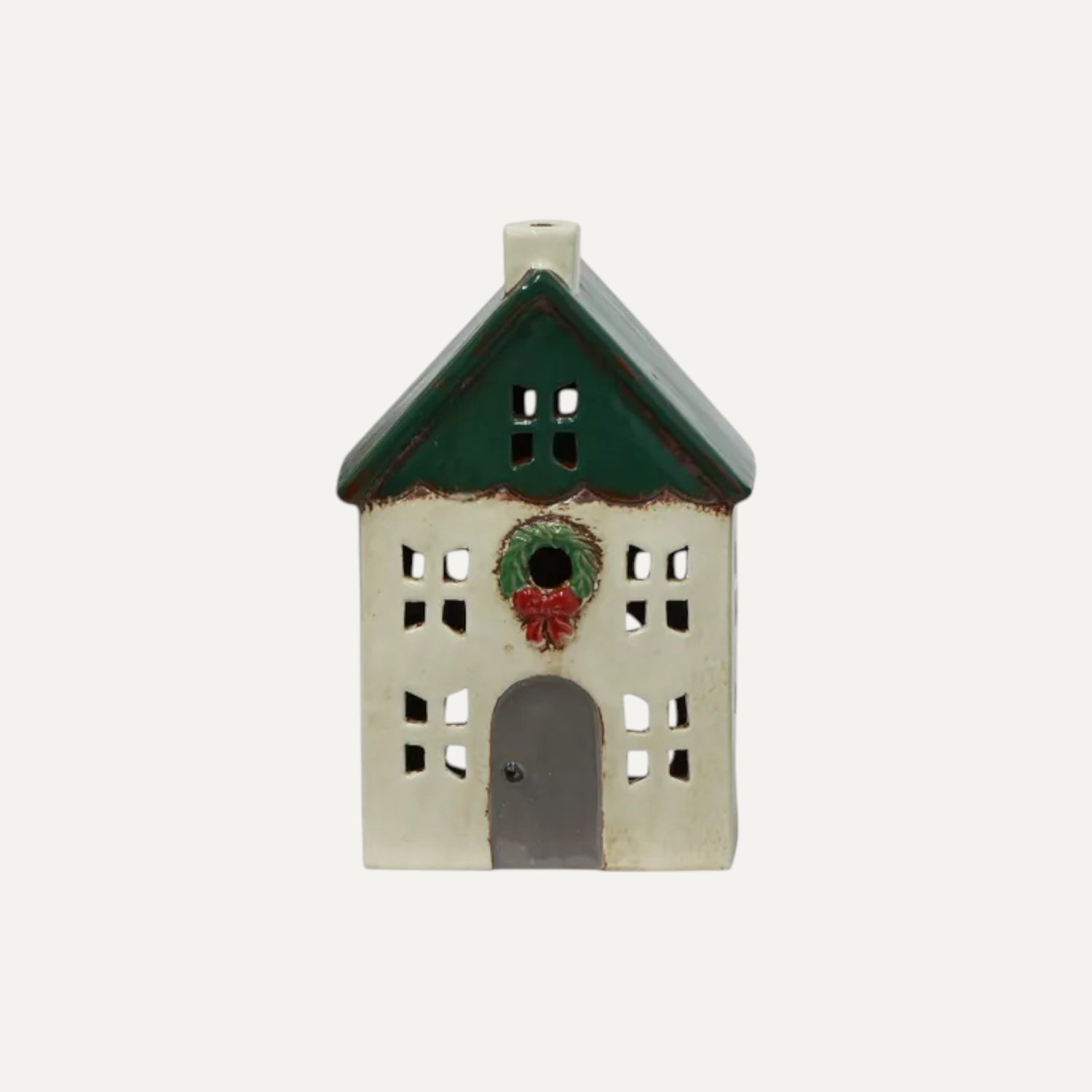 Hand-painted green ceramic Christmas tea light house with wreath
