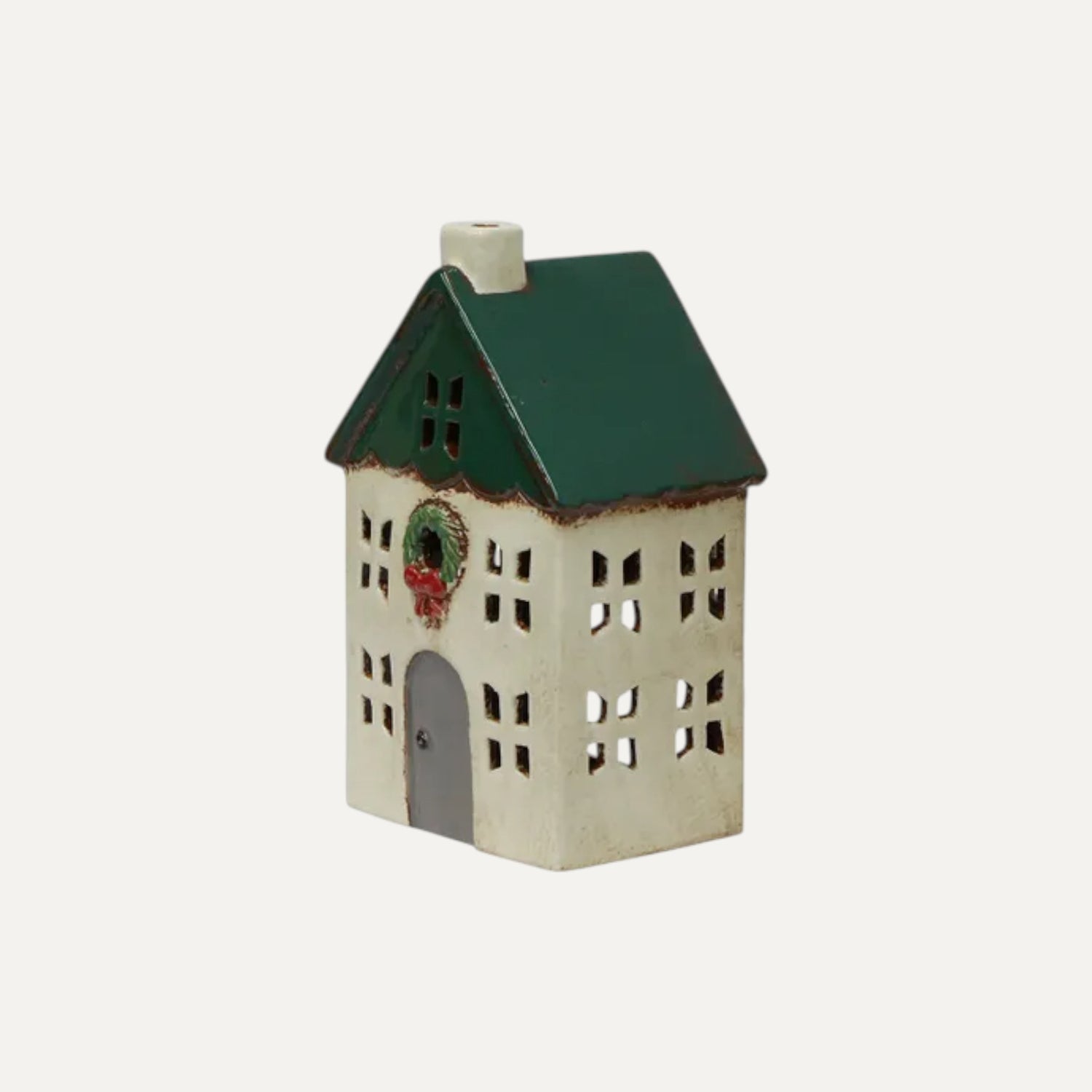 Hand-painted green ceramic Christmas tea light house with wreath