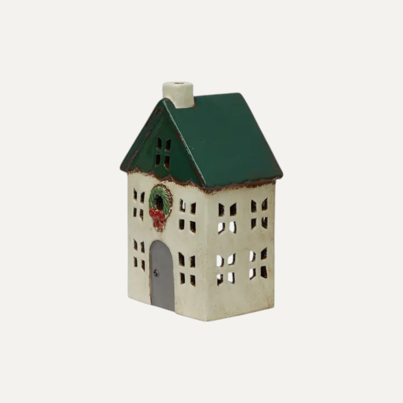 Hand-painted green ceramic Christmas tea light house with wreath