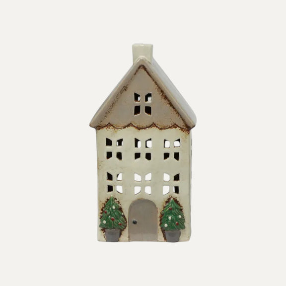 Medium ceramic painted Christmas tealight house with pots in stone