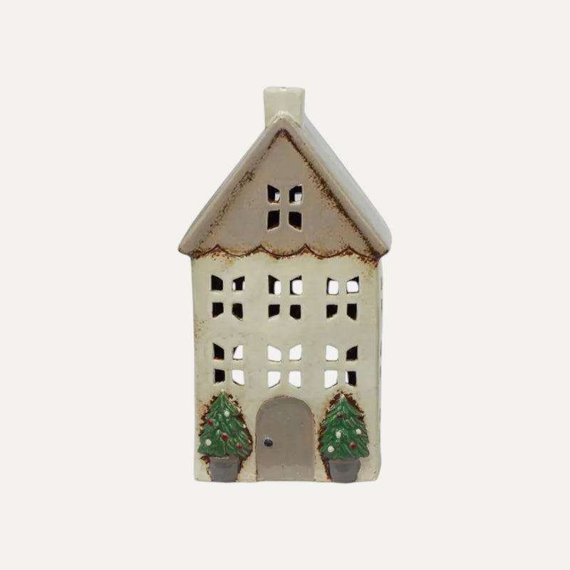 Medium ceramic painted Christmas tealight house with pots in stone