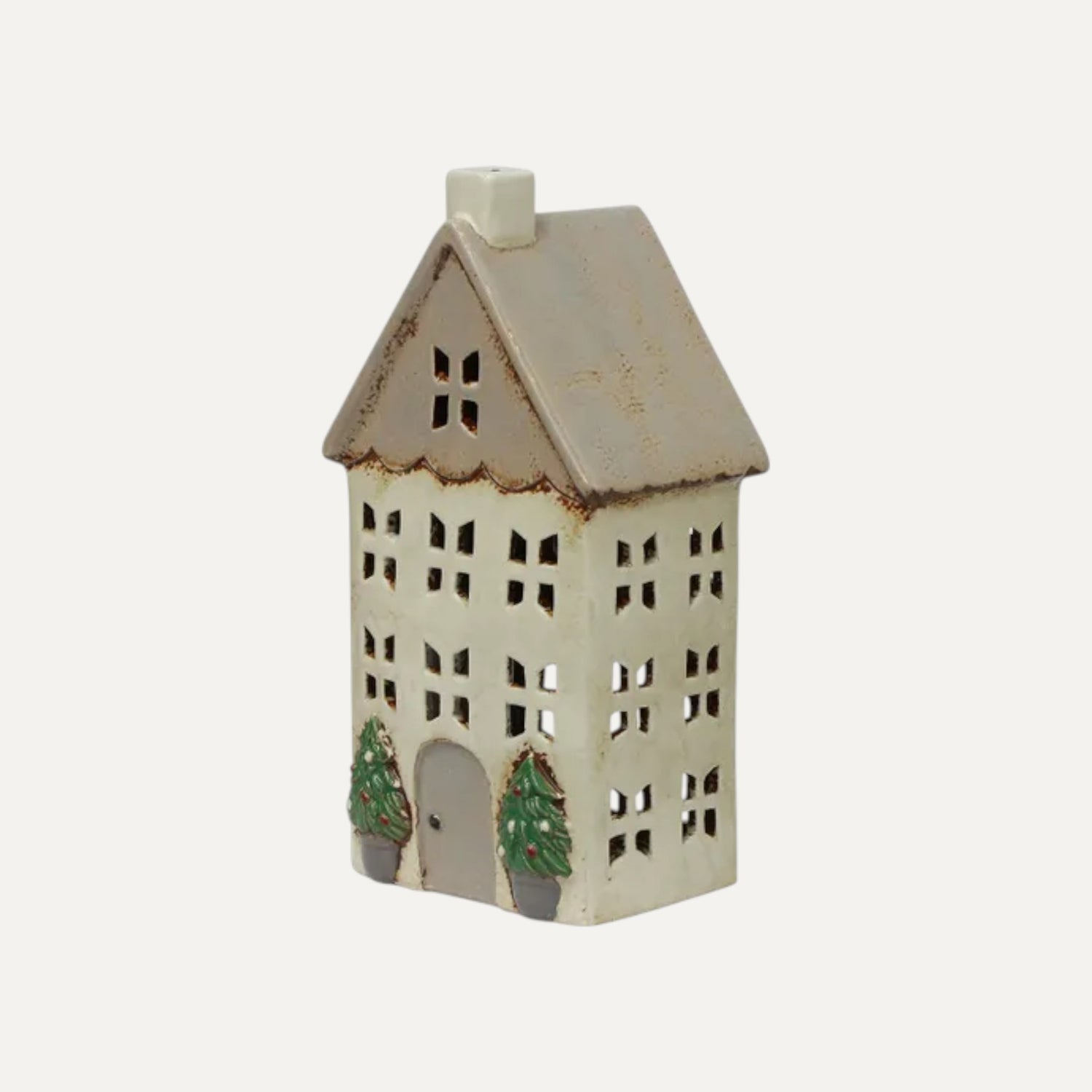 Ceramic Christmas tea light house in stone with decorative trees in pots
