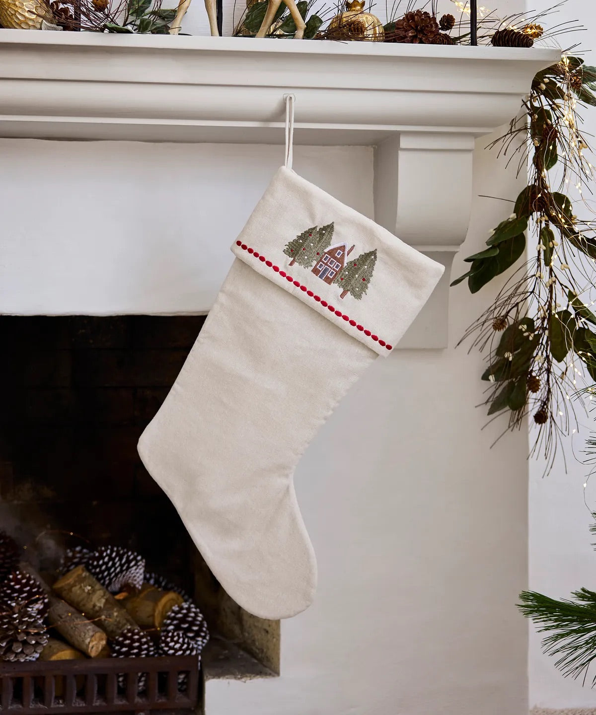 Tree with House Christmas Stocking – embroidered linen festive décor