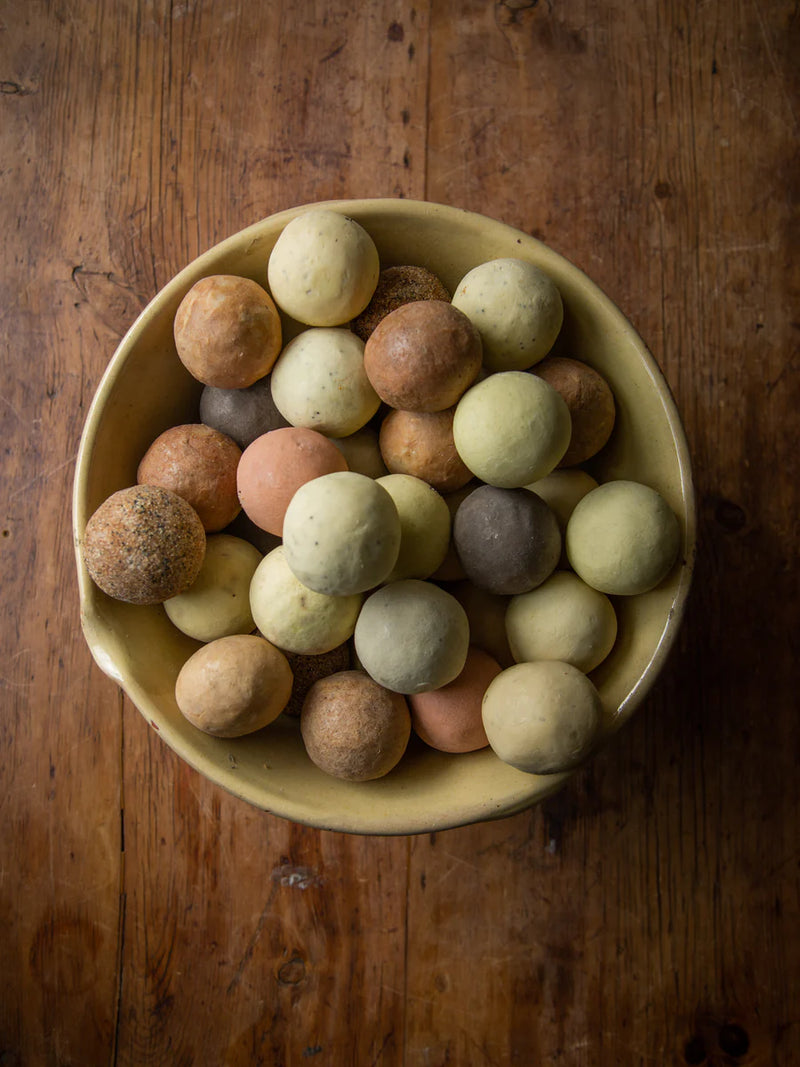 Rustic Cinnamon Orange Spice soap ball for hand, body, face and hair cleansing. Styled in a bowl of Est AUstralia soap balls. 
