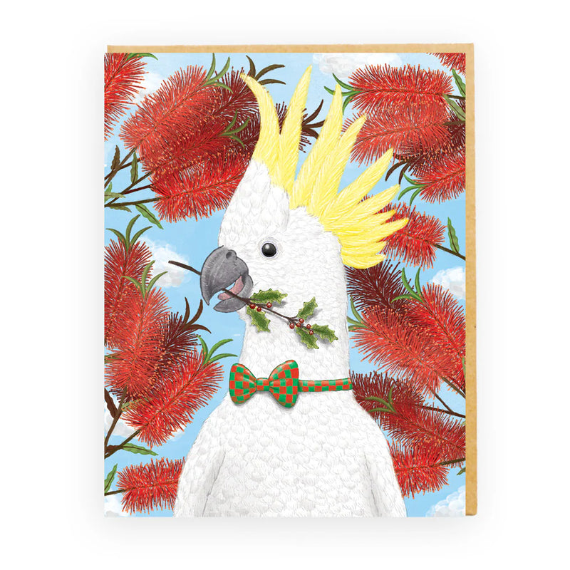 Cockatoo with holly Christmas card illustration by Jake Greer