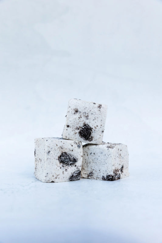Vanilla bean marshmallows topped with crushed chocolate biscuits