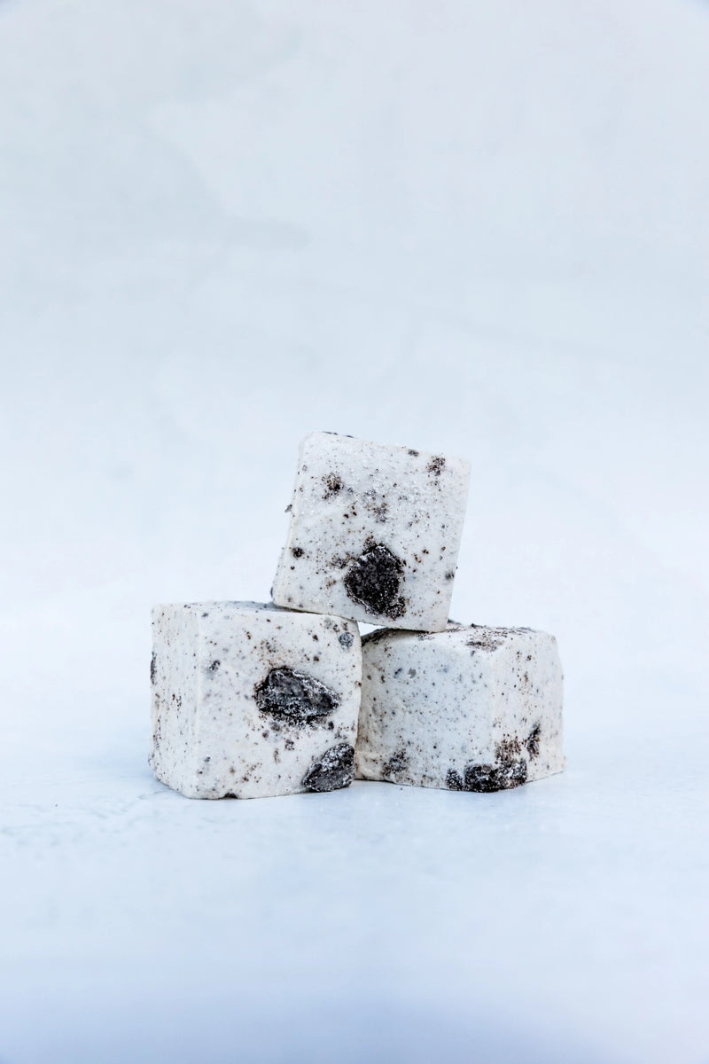 Vanilla bean marshmallows topped with crushed chocolate biscuits