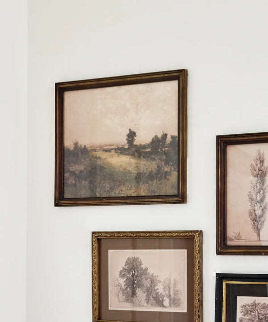 Vintage-inspired countryside landscape artwork measuring 50x40cm in a firwood frame.