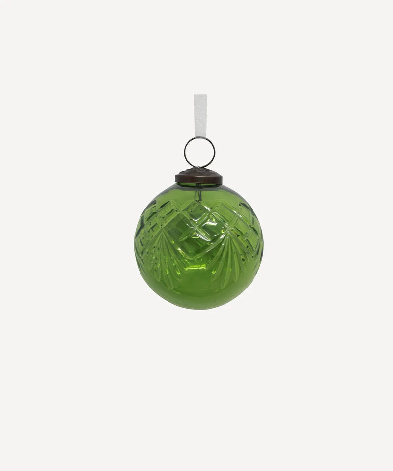 Cut Glass Bauble Green – handcrafted green glass Christmas bauble with vintage etched detailing