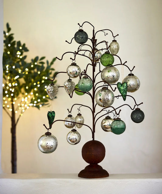Cut Glass Bauble Green – handcrafted green glass Christmas bauble with vintage etched detailing on tree with other christmas decorations