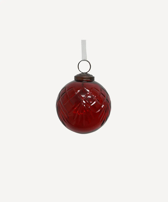 Cut Glass Bauble Red – handcrafted red glass Christmas bauble with vintage etched detailing