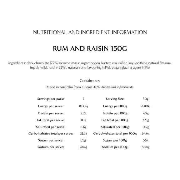 Nutritional and ingredient information for Rum and Raisin 150g product on a white background